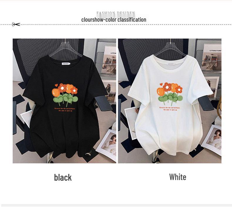 Women's Plus Size Loose Mid-Length Short-Sleeve Round Neck T-Shirt (Available in 200/300/350 Jin)