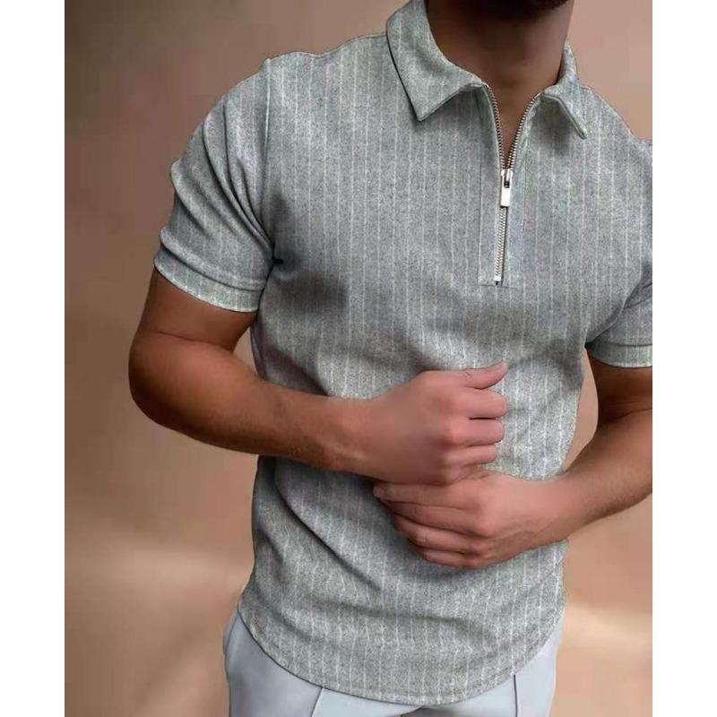 

Летняя рубашка поло с застежкой-молнией в полоску с короткими рукавами, мужская футболка, топ XXXL светло-серый