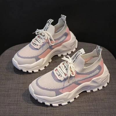 Ladies Sports Shoes Spring and Autumn Summer Fly Woven Breathable Laces Casual Thick-soled Raised Knitted Mid-heel Women's Shoes Dad Shoes