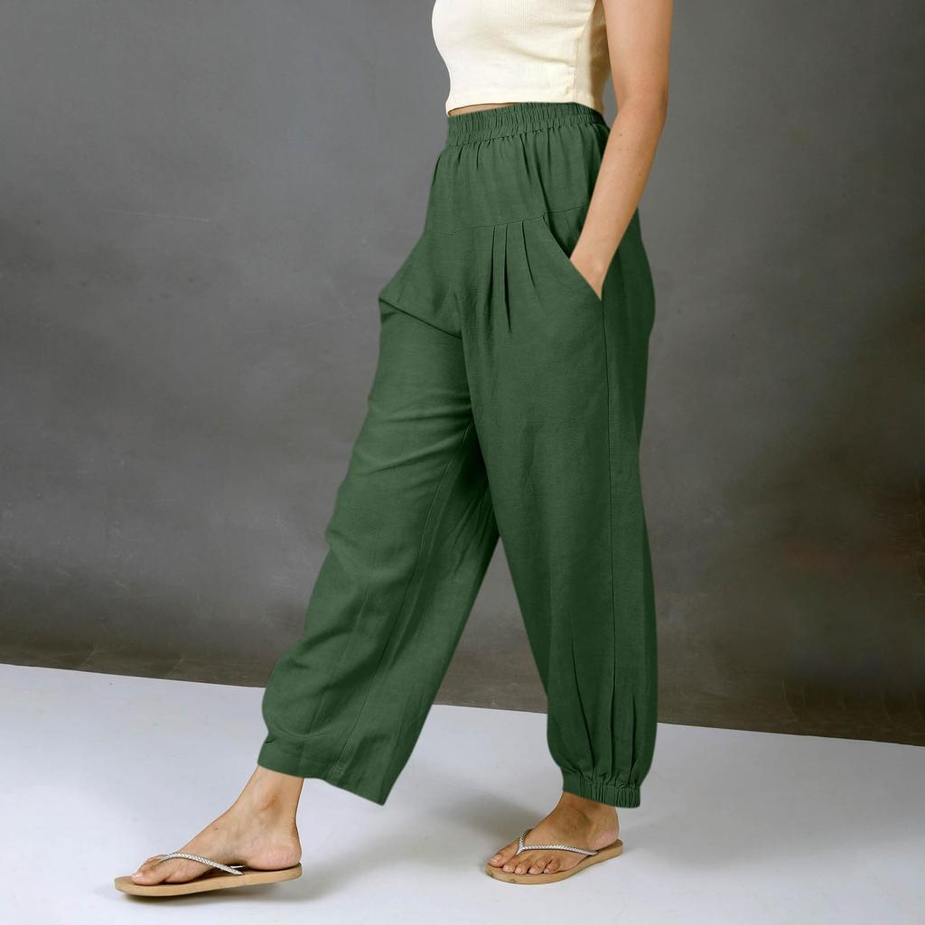Women's Fashionable Casual -Color Cotton-Linen Trousers With Elastic Waistband And Pockets