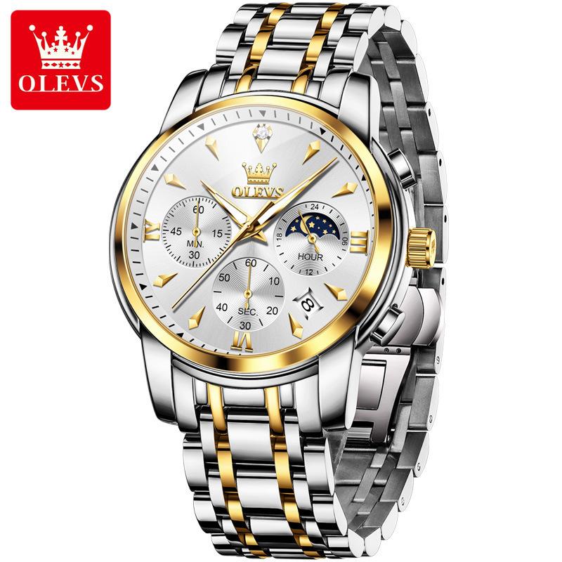 Luxury Chronograph Quartz Watch for Men Fashion Multifunctional Moon Phase Waterproof Luminous Date Business Men's Watches