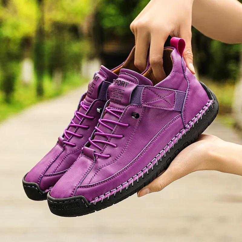Spring Autumn Sneakers Handmade Leather Women's Shoes Mid-Top Shoes Casual Flats Shoes Slip on Loafers