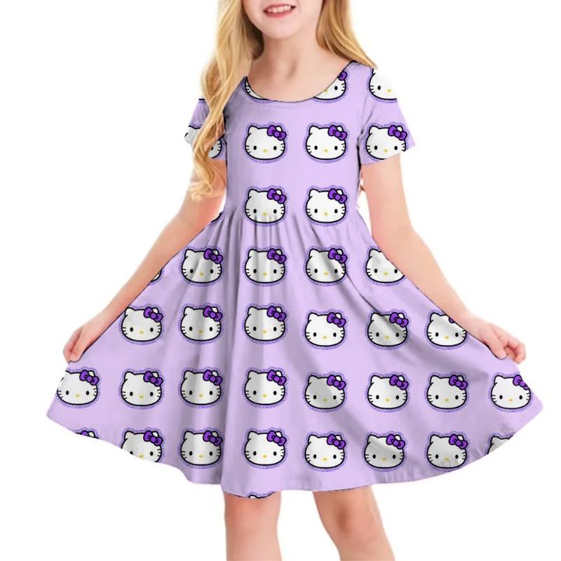 3D Printed Sanrio Hello Kitty Fashion Cartoon Pattern Cute Short Sleeved Dress Cosplay Youth