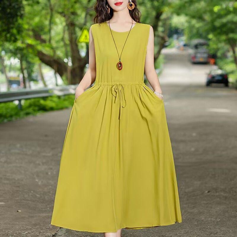 

New Summer Floral Cotton-Silk Sleeveless Dress - Plus Size, Loose Fit, Slimming, Vacation Style Mom’s Long Dress XL (90-115 jin)