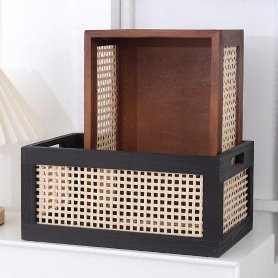 Scatola porta dischi in vinile Durevole MDF Rattan Porta dischi in vinile con manico Cubico Organizzatore da scrivania per album per dischi in vinile Contenitore multiuso