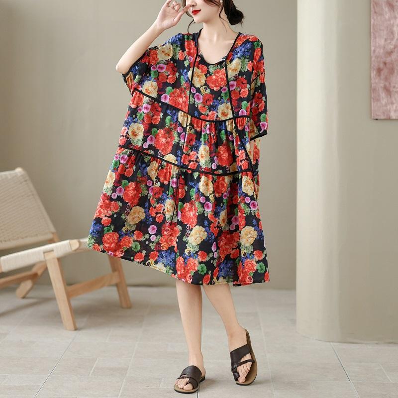 Κοντομάνικο Μεγάλο Μέγεθος Βαμβακο-λινό Βίνταζ Floral Νέο σε Φορέματα για Γυναίκες Casual Χαλαρό Μίντι Καλοκαιρινό Φόρεμα