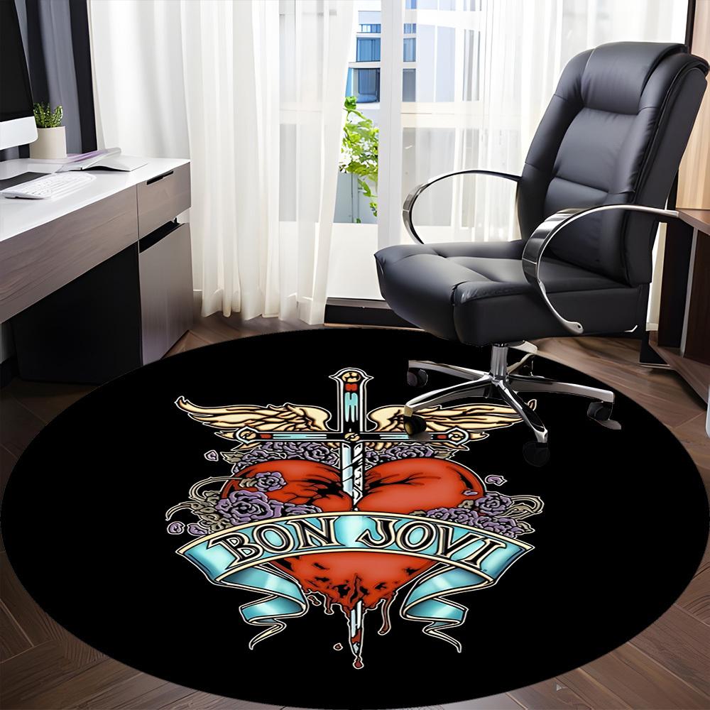 1PC Bon Jovi Band Logo Office Round Rug - Perfect for Office or Study Decor, Non-Slip Backing, Decorative Floor Mat Yy250916052