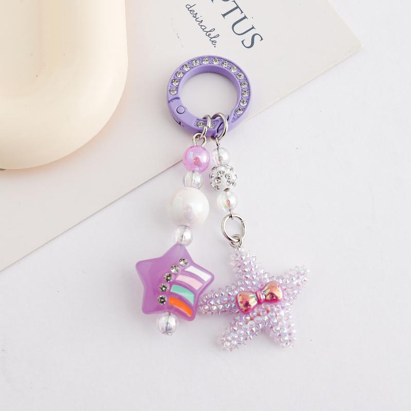 Starfish Beaded Keychain Imitation Pearl Acrylic Pentagram Keyring Girls Earphone Case Phone Decor Ornaments
