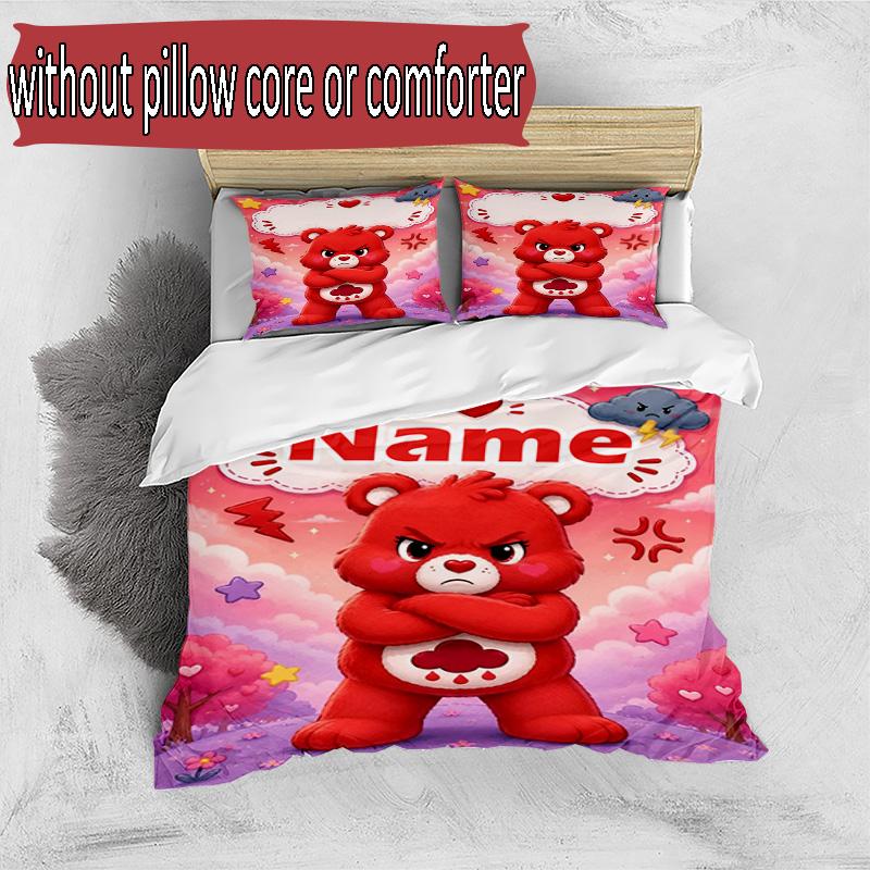 3'lü Nevresim Takımı (1*Nevresim Kılıfı + 2*Yastık Kılıfı, Çekirdeksiz), Kişiye Özel İsimli Care Bears Desenli Nevresim Takımı, Ev Yatak Odası Dekorasyon Hediyesi