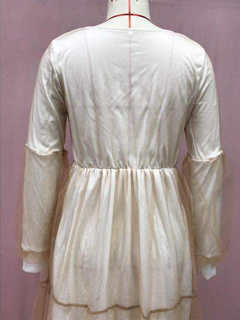 2025 Summer European & American Women's V-Neck Mesh Puff Sleeve See-through Maxi Dress