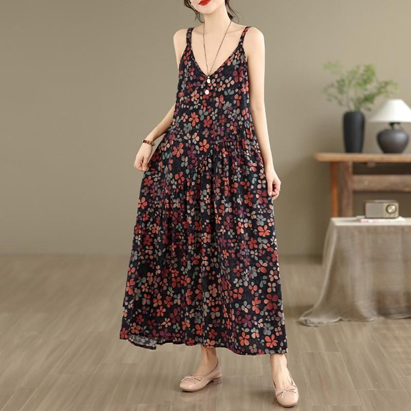 

Sleeveless Strap Cotton Vintage Floral New in Dresses For Women Casual Loose Long Summer Dress Elegant Clothing