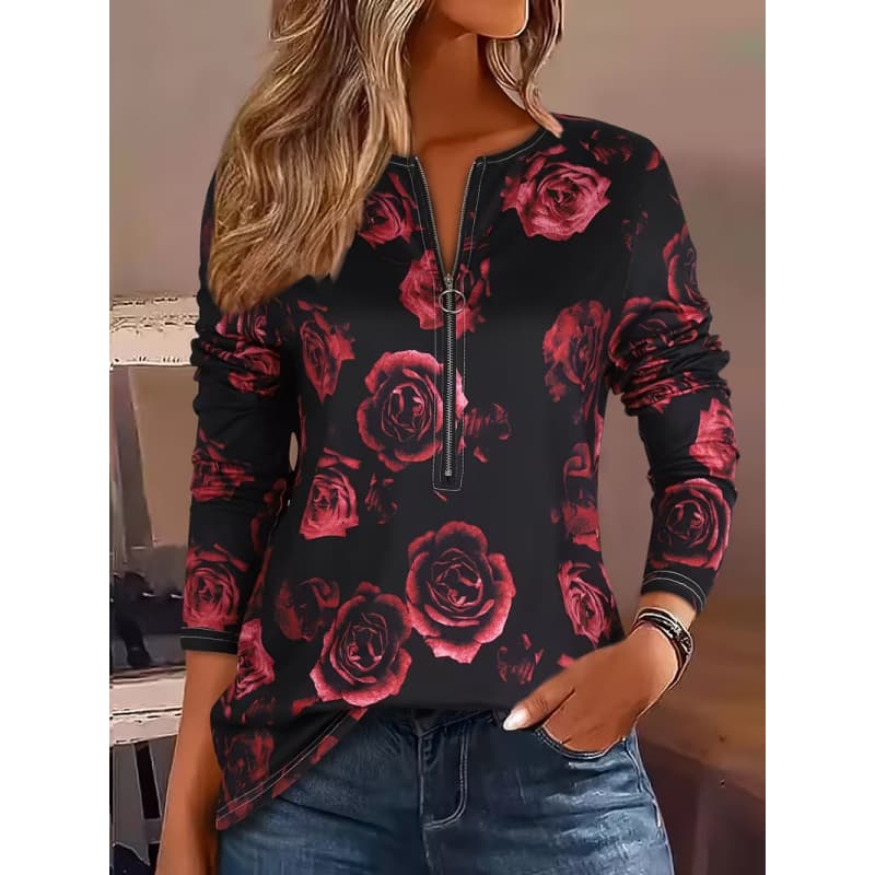 Kreatives bedrucktes Reißverschluss-Langarm-T-Shirt für Damen, atmungsaktiv, weich und bequem, geeignet für lässige Kleidung das ganze Jahr über