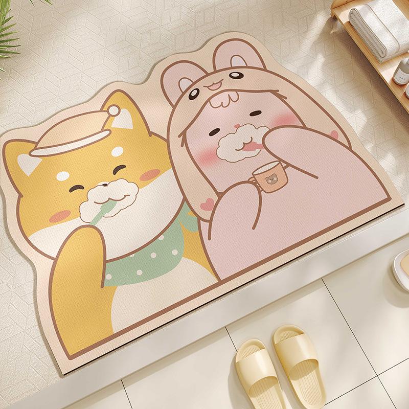 

Cartoon Teeth Brushing Couple Little Rabbit Bathroom Moisture Absorbing Floor Mat Special Shape Non-slip Bathroom Door Diatom Mud Floor Mat 40 * 60Cm