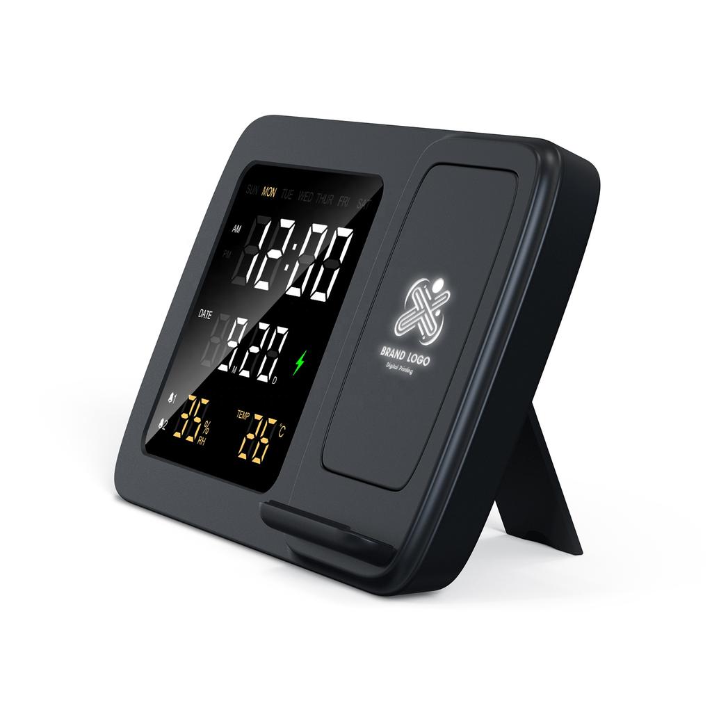 Original Factory S Wireless Charging Phone Stand with Digital Alarm Clock Desk Charger with Temperature / Humidity