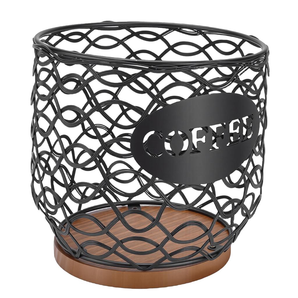 Coffee Pod Holder Versatile Coffee Capsule Storage Basket with Wood Base for Teabags Sugar Packets