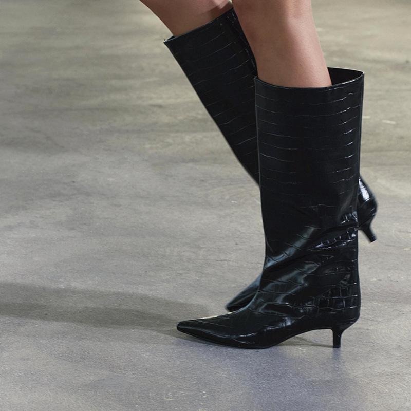 Women's Black Crocodile Embossed Knee High Boots Pointed Toe Kitten Heel Patent Leather Finish Stylish Party Daily Wear Footwear