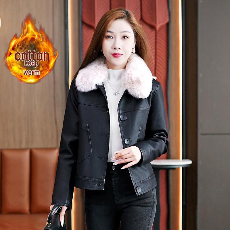 

Женская модная европейская кожаная куртка 2024 года — новый укороченный стиль осень/зима XL for 105-120 jin