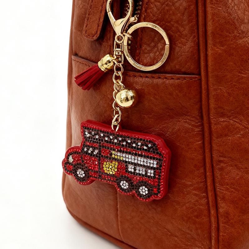 Rhinestone Fire Truck Keychain with Tassel - Fashionable Metal Bag Pendant