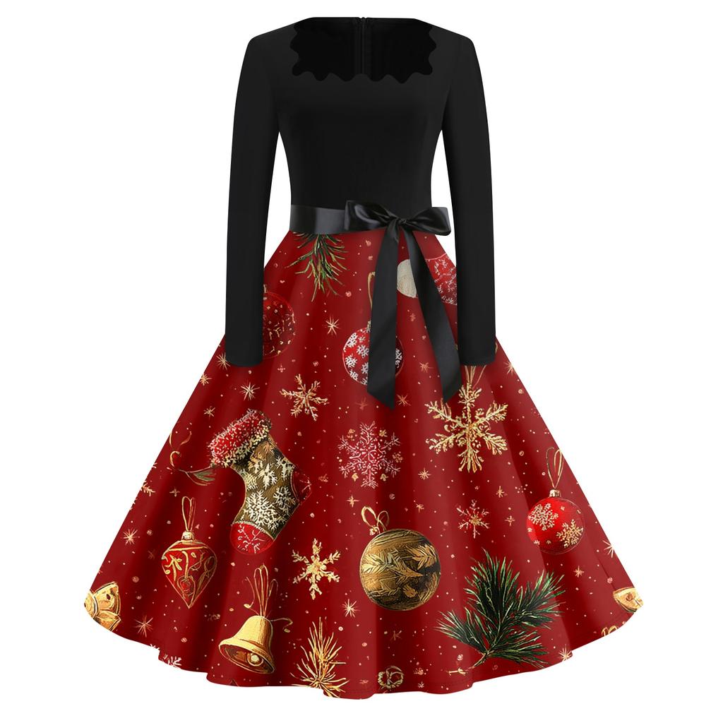 Christmas Print Flare Dress For Women Long Sleeve Dress Hollow Party Casual Square Collar Dresses