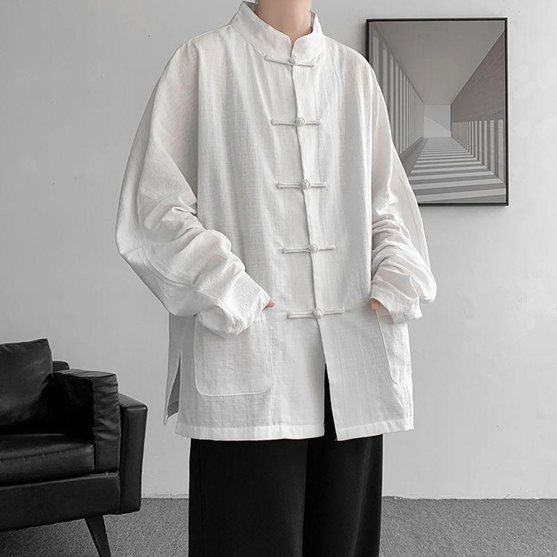 Men's Plus Size Cotton Linen Mandarin Collar Shirt with Frog Buttons