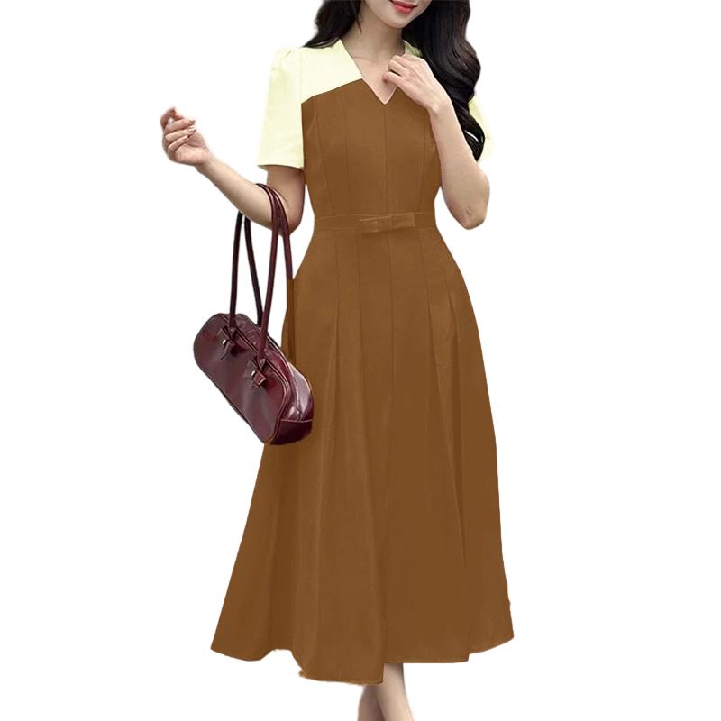 

ZANZEA Женское повседневное летнее пэчворк длинное платье с V-образным вырезом и коротким рукавом S коричневый