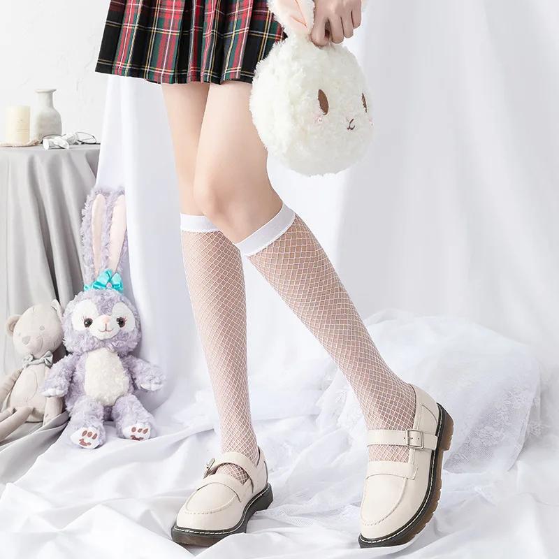 Sexy Mesh Women Stockings Gothic Fishnet Summer Women Tights Underwear JK Lolita Girls Solid Color Knee High Long Socks Lingerie