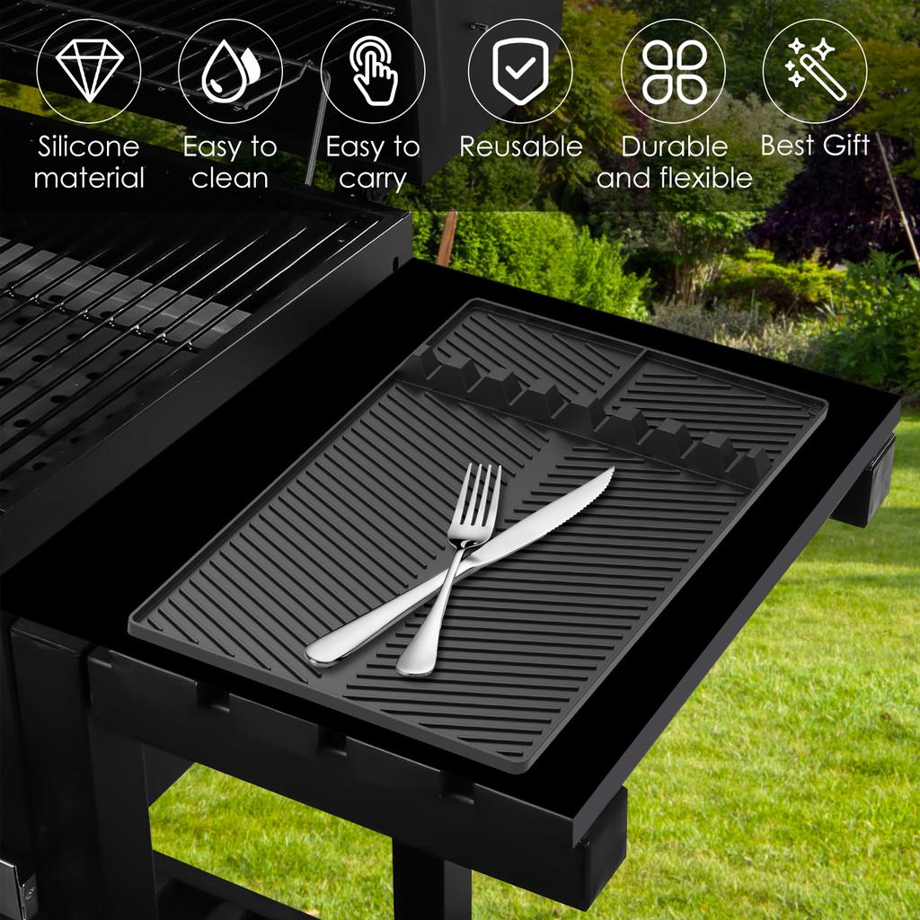 Grill Side Shelf Mat Silicone Griddle Tool Mat with 8Slot Anti-Slip Grill Holder Pad Heat-Resistant BBQ Utensil Mat Kitchen Tool