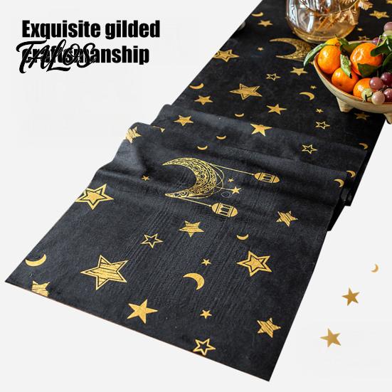 Luxury Dining Table Linen Eid Mubarak Runner, Ramadan Gold Moon Stars Tablecloth, Islamic Happy Entrance Cabinet Runner Holiday Rectangular Cloth for