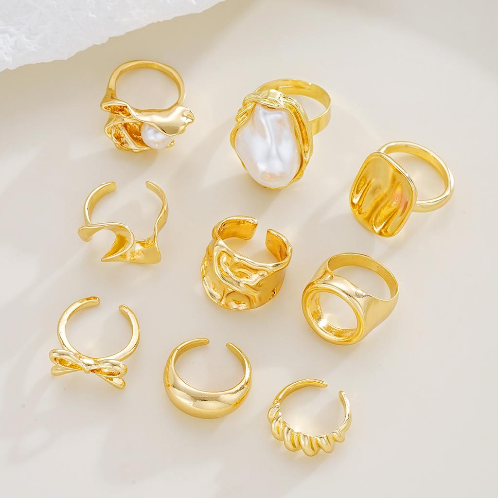 9pcs Fashion Gold Color Bowknot Pearl Geometric Open Rings Set for Women Exaggerated Irregular Adjustable Ring New Jewelry Gift