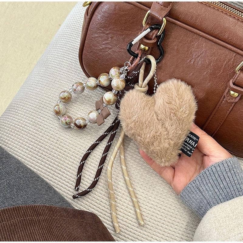 Brand Plush Heart Beaded Bag Pendant Brown High-end Sweet Love Letter Ins Leather Bow Pendant Korea Fashion Keychain Giftpendant