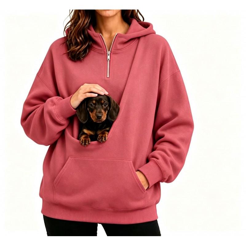 Womens Half-Zip Hooded Sweatshirt With Pet Pocket Loose Fit Fall Winter Top Small Dogs