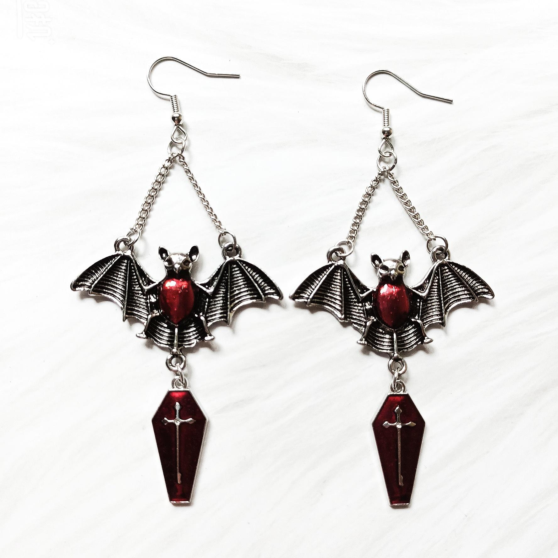 New Gothic Women s Earrings Punk Bat, Cross Coffee Earrings Magic Mirror Halloween Red Vampire Bat
