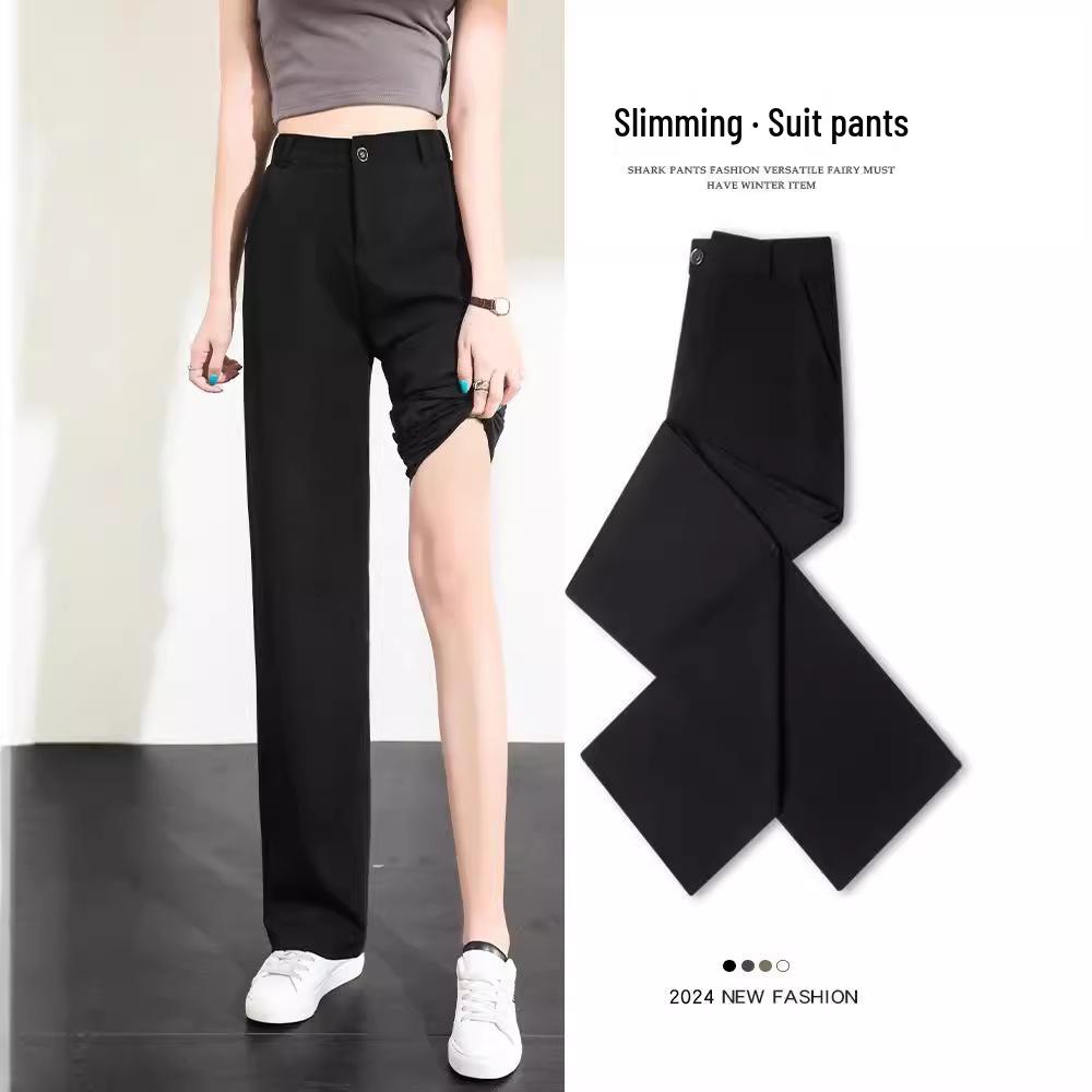 Ice Silk Black Wide-Leg High-Waist Women's Spring/Summer Pants - Slim, Loose, Casual Straight Trousers.