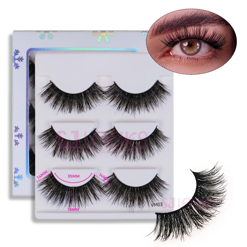 3 Pairs High Quality Strip Lashes Handmade Natural for Fluffy Mink Lashes Custom Logo Box Packaging