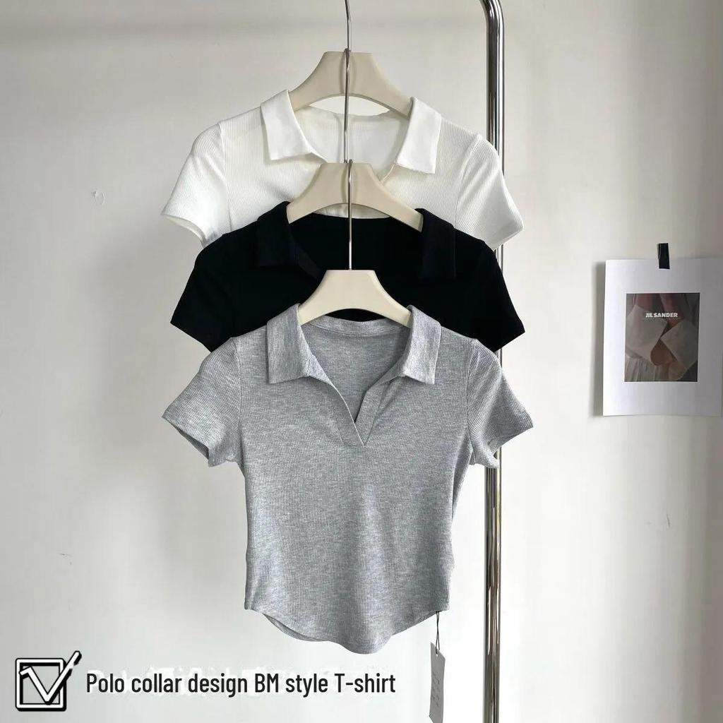 2024 Summer Slim Fit U-Shaped Polo Collar T-Shirt for Women – Short-Sleeved Hot Style