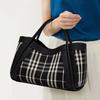 Women's Canvas and Genuine Leather Tote Bag Plaid Design Top Grain Cowhide Shoulder Handbag for Everyday Use Black and White