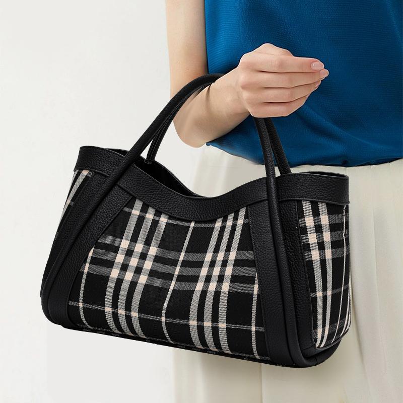 Women's Canvas and Genuine Leather Tote Bag Plaid Design Top Grain Cowhide Shoulder Handbag for Everyday Use Black and White