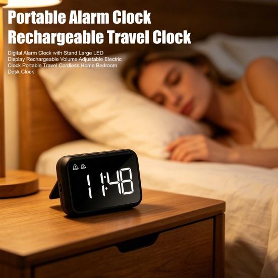 Digital Alarm Clock with Stand Large LED Display Rechargeable Volume Adjustable Electric Clock Portable Travel Cordless Home Bedroom Desk Clock