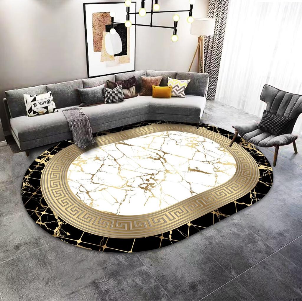 Zlatá Luxusní Dekorace Domova Oválný Koberec Špičkový Velký Plošný Koberec Pod Pohovku do Obývacího Pokoje Koberec pro Dekoraci Ložnice Hotelová Hala Protiskluzová Podložka na Nohy