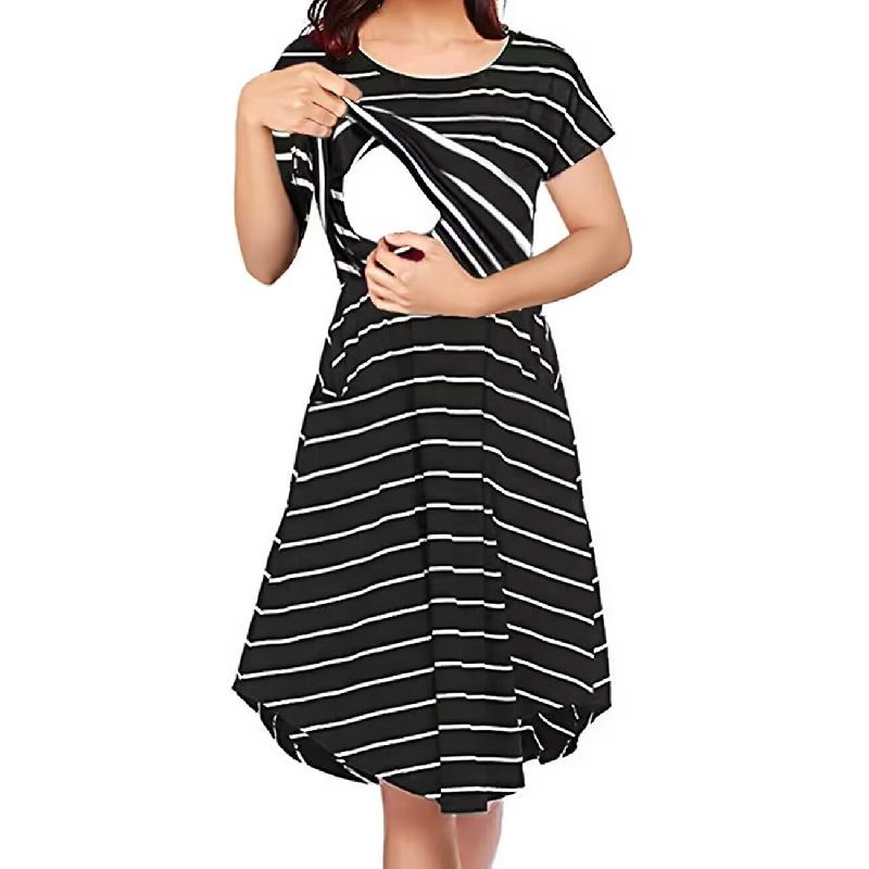 Sommer-Stillkleid für Mütter, vorne zu öffnen, gestreift, runder Halsausschnitt, unregelmäßiger Saum, kurze Ärmel, Nachthemd für Schwangere, Midikleid