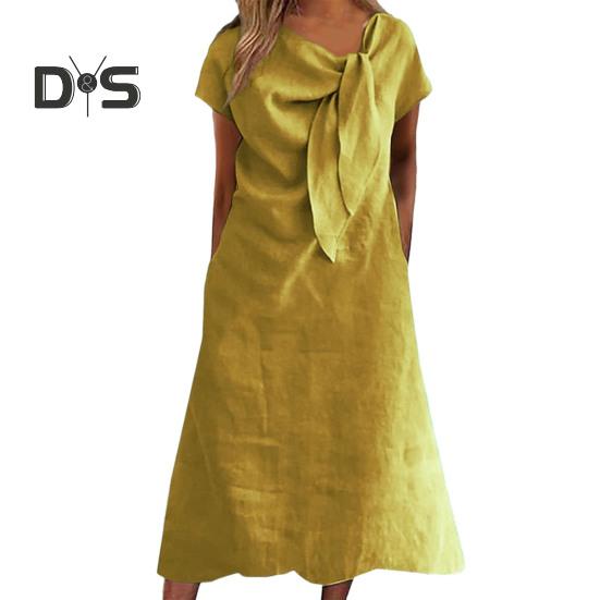 Women Midi Dress Decorated Collar Straps Short Sleeve Dress Solid Color Loose Fit Summer Casual Dress