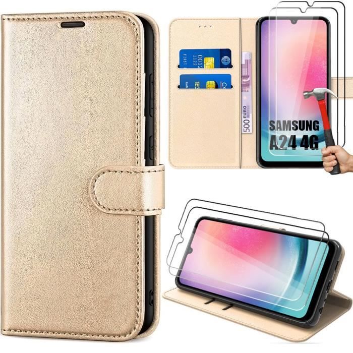 Coque - Samsung - Galaxy A24 - Cuir synthétique doré - Antichoc - 2 verres trempés