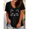 Übergröße Cartoon-Katzen-Print T-Shirt, Lässiges V-Ausschnitt Kurzarm-T-Shirt, Damen Übergrößen Bekleidung