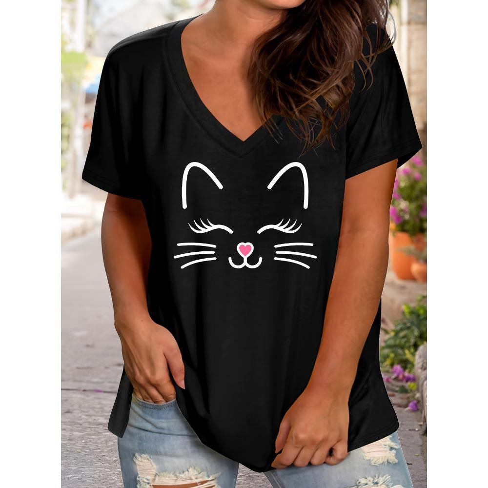 Plus Size Cartoon Cat Print T-Shirt, Casual V Neck Short Sleeve T-Shirt, Women s Plus Size Clothing S