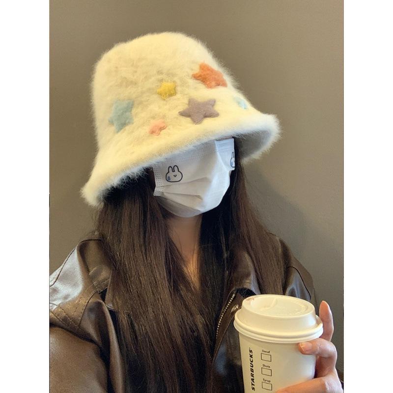 Cute Star Rabbit Plush Bucket Hat Girls Autumn and Winter Warm Plain Hat Sweet Washbasin Hat