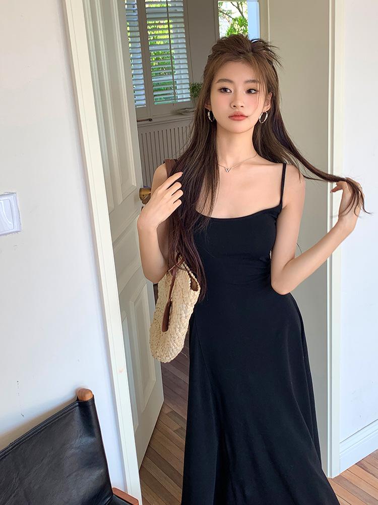 2026 Spring/Summer Black & Grey U-Neck Slim Dress with Spaghetti Straps
