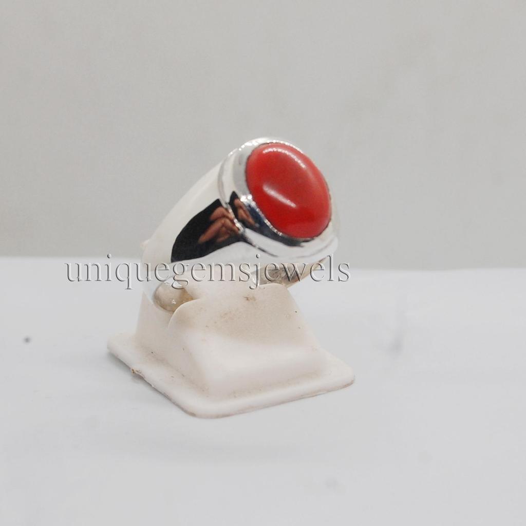 Oval Cab Red Coral Gemstone 925 Sterling Silver Ring, Geniune Zodic Style Red Coral Ring