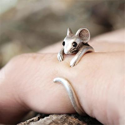 Verstellbarer Vintage Silberfarbener Niedlicher Mäuse-Tier-Wickelring Offener Band Statement-Ring für Damen