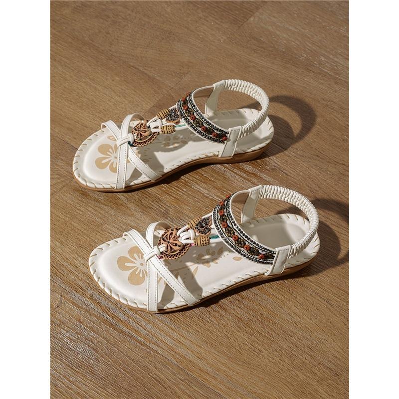 Bohemian Style Large Size Flat Bottomed Flower Rhinestone Sandals Open Toed Outer Wear Beach Sandals