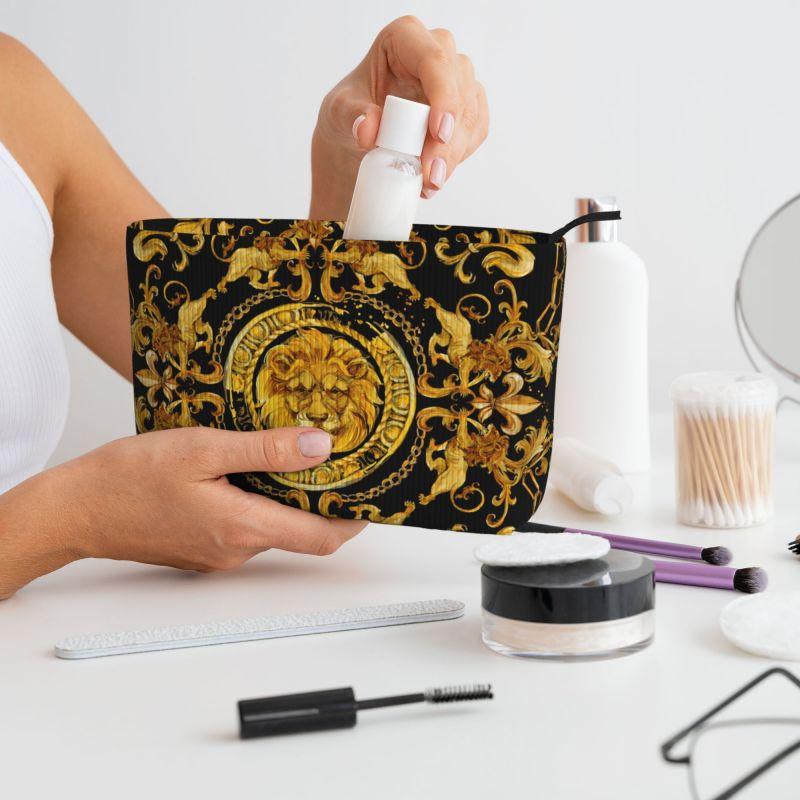 Golden Lion Baroque Print Cosmetic Bag Women Large Capacity Makeup Bag Organizer Case Beauty Storage Toiletry Bags